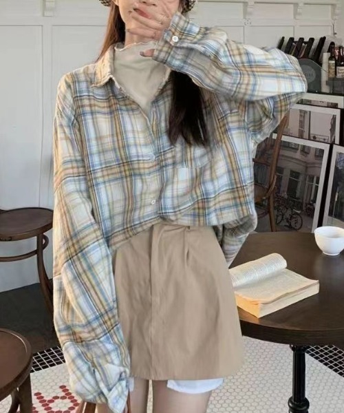 LADY LIKE（レディライク）の「ゆったりチェックネルシャツ（シャツ/ブラウス・レディース・ベージュ/ピンク/ブルー/ネイビー/ブラック・M）」の9枚目の写真