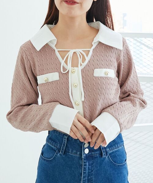 MAJESTIC LEGON（マジェスティックレゴン）の「デコルテオープンバイカラー襟ニット（ニット/セーター・レディース・ライトグレー/ブラック/ピンクベージュ/アイボリー/ボルドー・MEDIUM）」の5枚目の写真