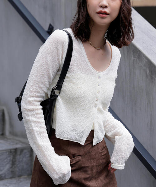 【BLENHEIM】リブデザインラウンドネックシアーニットカーディガン 前後2wayウォッシャブルリブシアーニットカーディガン｜ティティ