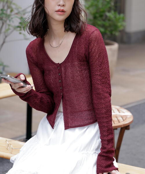 FREE'S MART(フリーズマート)の「シアーラウンドネックニットカーディガン(カーディガン/ボレロ・レディース・ホワイト/イエロー/ボルドー・FREE)」の3枚目の写真