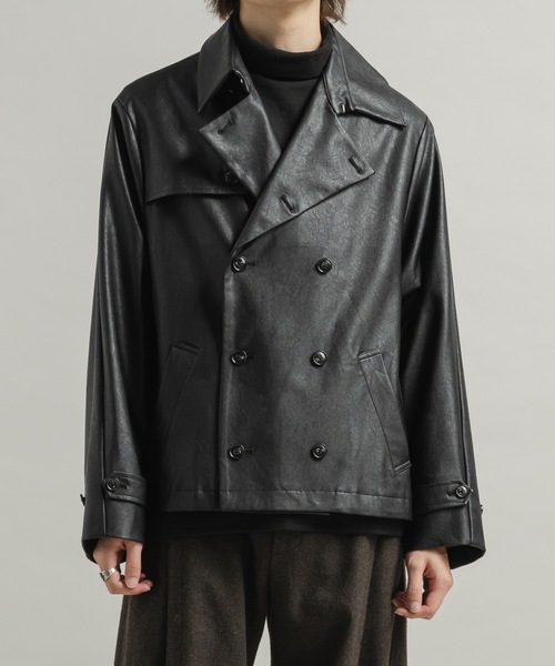 セール】Back pleats PU short trench coat/バックプリーツPUショート