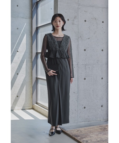 チュールフリルペプラムドレス 2点セット シアー トップス 結婚式 成人