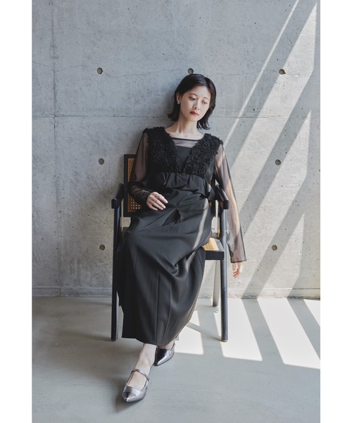 チュールフリルペプラムドレス 2点セット シアー トップス 結婚式 成人