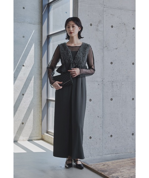 チュールフリルペプラムドレス 2点セット シアー トップス 結婚式 成人