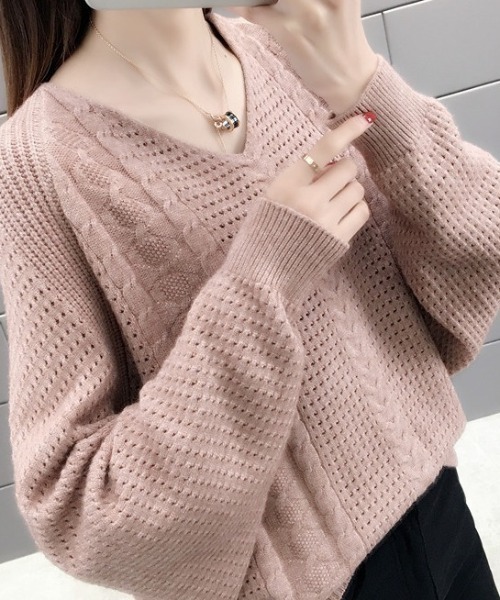 cammie(キャミー)の「Vネック柄編みボリュームスリーブニット(ニット/セーター・レディース・ピンク/キャメル/オフホワイト・F)」の3枚目の写真