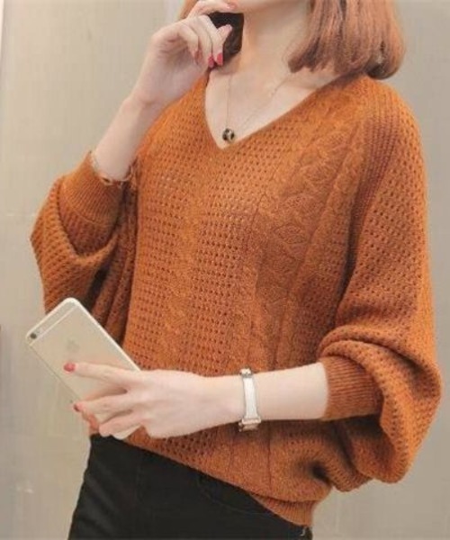 cammie(キャミー)の「Vネック柄編みボリュームスリーブニット(ニット/セーター・レディース・ピンク/キャメル/オフホワイト・F)」の10枚目の写真