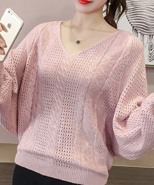 cammie(キャミー)の「Vネック柄編みボリュームスリーブニット(ニット/セーター・レディース・ピンク/キャメル/オフホワイト・F)」の7枚目の写真