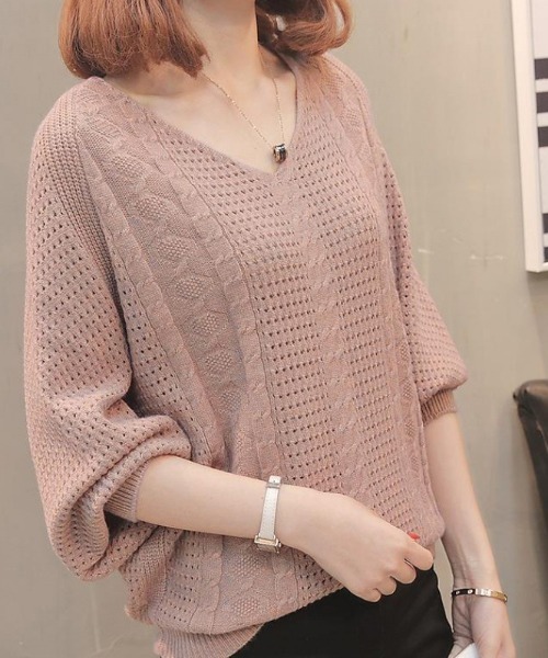 cammie(キャミー)の「Vネック柄編みボリュームスリーブニット(ニット/セーター・レディース・ピンク/キャメル/オフホワイト・F)」の8枚目の写真