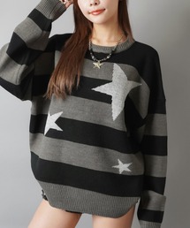 SPINNS | ふわっと可愛い☆スター×ボーダーゆるニット/ウィッシュコア(ニット/セーター)