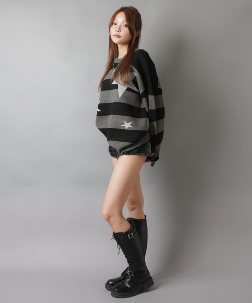 SPINNS(スピンズ)の「ふわっと可愛い☆スター×ボーダーゆるニット/ウィッシュコア(ニット/セーター・レディース・ホワイト×ブラック/ブラック×グレー/グレー系その他・ONESIZE)」の11枚目の写真