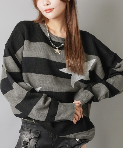 SPINNS(スピンズ)の「ふわっと可愛い☆スター×ボーダーゆるニット/ウィッシュコア(ニット/セーター・レディース・ホワイト×ブラック/ブラック×グレー/グレー系その他・ONESIZE)」の4枚目の写真