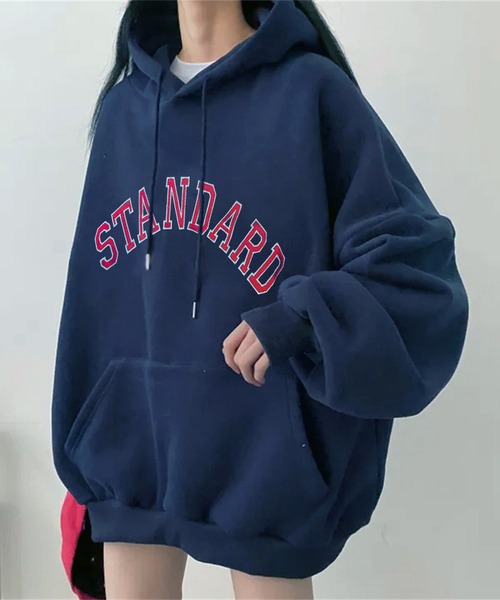 VIBGYOR(ヴィブジョー)の「カレッジロゴ プルオーバーパーカー /韓国カジュアル ビッグシルエット(CZ)(パーカー・レディース・アイボリー/グレー/ネイビー・FREE)」の12枚目の写真