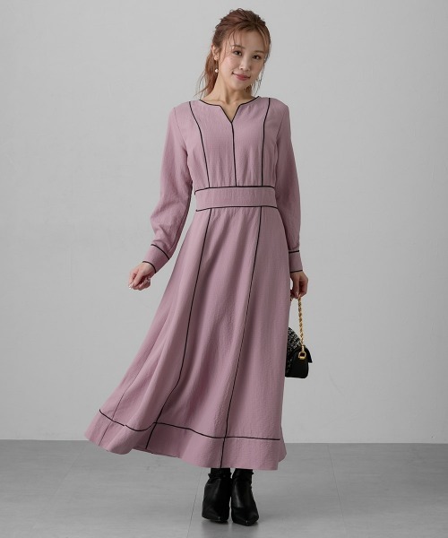 Nissen glamor(ニッセングラマー)の「【大きい胸専用】パイピング配色ウエストマークワンピース(ワンピース・レディース・スモークピンク/ネイビー・M/L/LL)」の1枚目の写真