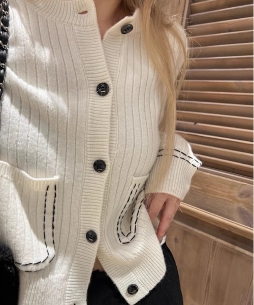 Vipoa(ヴィポア)の「Stitch cardigan(カーディガン/ボレロ・レディース・ブラック/アイボリー/グレー・FREE)」の14枚目の写真