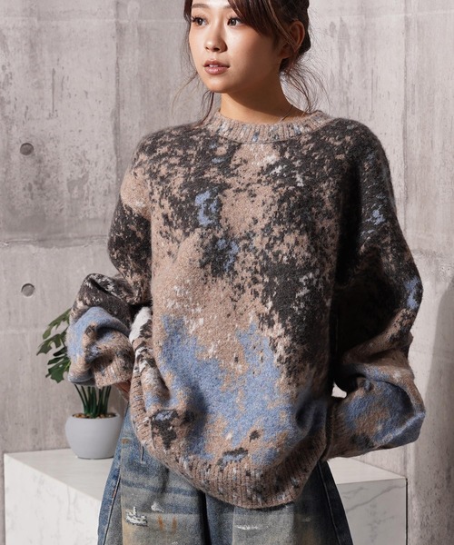 1111clothing（ワンフォークロージング）の「アブストラクト オーバーサイズ クルーニット / Abstract Oversized Crew Knit（ニット/セーター・メンズ・ベージュ/ナチュラル/ブラック・L/M）」の2枚目の写真