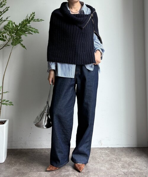 DouDou（ドゥドゥ）の「ジップアップポンチョ（ニット/セーター・レディース・ベージュ/ネイビー・FREE）」の7枚目の写真