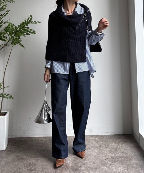 DouDou（ドゥドゥ）の「ジップアップポンチョ（ニット/セーター・レディース・ベージュ/ネイビー・FREE）」の9枚目の写真