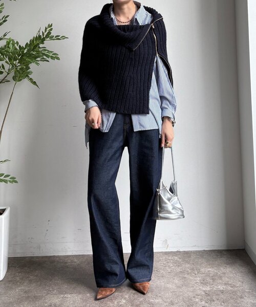 DouDou（ドゥドゥ）の「ジップアップポンチョ（ニット/セーター・レディース・ベージュ/ネイビー・FREE）」の10枚目の写真