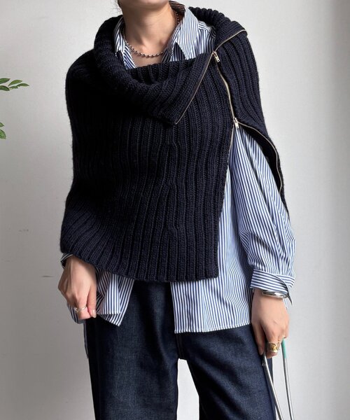DouDou（ドゥドゥ）の「ジップアップポンチョ（ニット/セーター・レディース・ベージュ/ネイビー・FREE）」の15枚目の写真