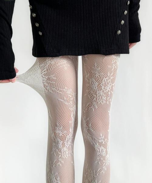 WEGO（ウィゴー）の「WEGO/フラワー総レースタイツ（タイツ/ストッキング・レディース・ライトグレー/ホワイト/ブラウン/オフホワイト/ブラック・FREE）」の6枚目の写真