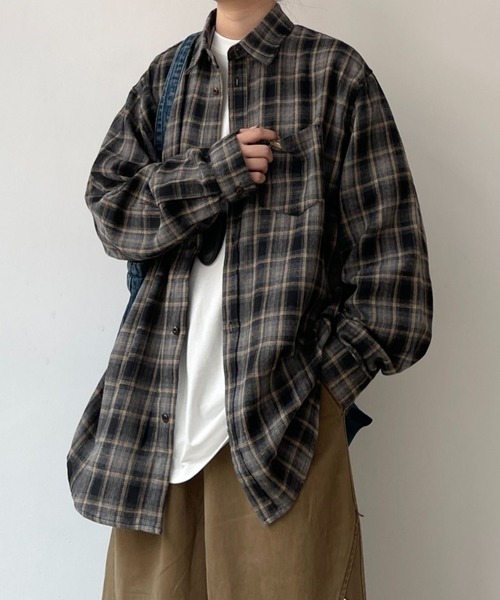 FreeZone(フリーゾーン)の「ビッグシルエットチェックシャツ(シャツ/ブラウス・メンズ・ブラウン/グレー・F)」の15枚目の写真
