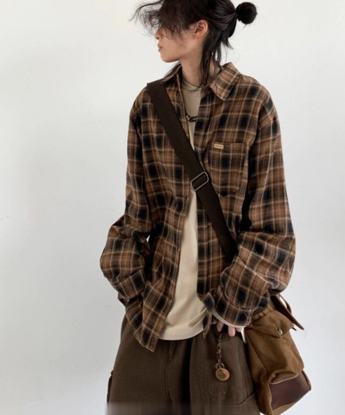 FreeZone(フリーゾーン)の「ビッグシルエットチェックシャツ(シャツ/ブラウス・メンズ・ブラウン/グレー・F)」の19枚目の写真
