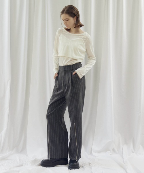 CIEL'AIR（シエルエアー）の「STRIPED ZIP SLIT PANTS（ｽﾄﾗｲﾌﾟZIPｽﾘｯﾄﾊﾟﾝﾂ）（その他パンツ・レディース・ベージュ/グレー・MEDIUM）」の14枚目の写真