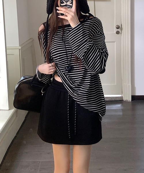 meJane（ミージェーン）の「配色ドロストコード スウェットミニスカート（スカート・レディース・霜降りグレー/ブラック・L/M）」の6枚目の写真