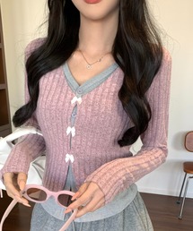 春向け リボン付きレイヤード風トップス