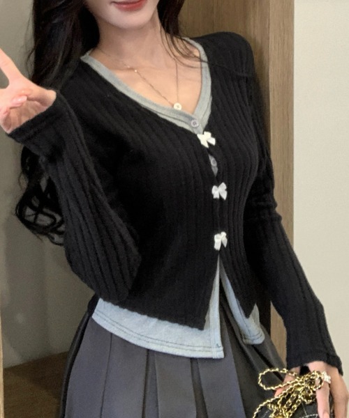 Achic(アシック)の「春向け リボン付きレイヤード風トップス(シャツ/ブラウス・レディース・ブラック/グレー/ピンク/ダークグレー/オートミール・M)」の6枚目の写真