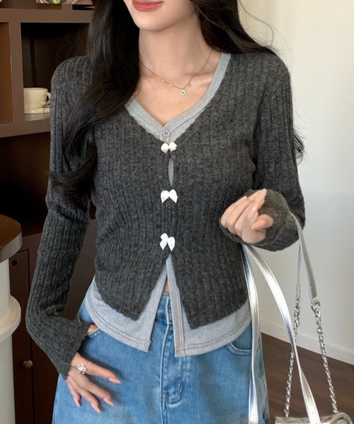Achic(アシック)の「春向け リボン付きレイヤード風トップス(シャツ/ブラウス・レディース・ブラック/グレー/ピンク/ダークグレー/オートミール・M)」の10枚目の写真