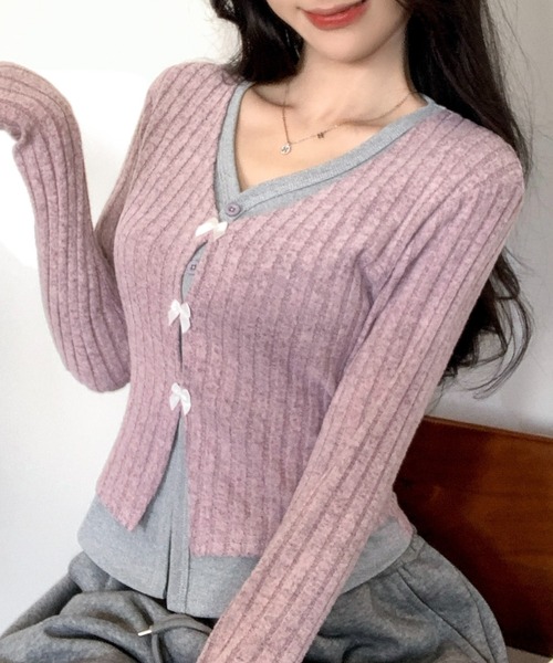 Achic(アシック)の「春向け リボン付きレイヤード風トップス(シャツ/ブラウス・レディース・ブラック/グレー/ピンク/ダークグレー/オートミール・M)」の13枚目の写真