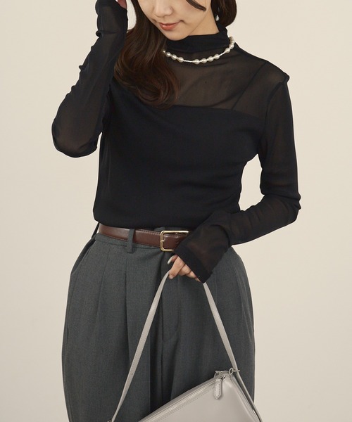 H.TOKYO NUIT(エイチトウキョウニュイ)の「ハイネックシアー切替プルオーバー / ドッキングシアートップス(Tシャツ/カットソー・レディース・ブラック/ホワイト・FREE)」の17枚目の写真