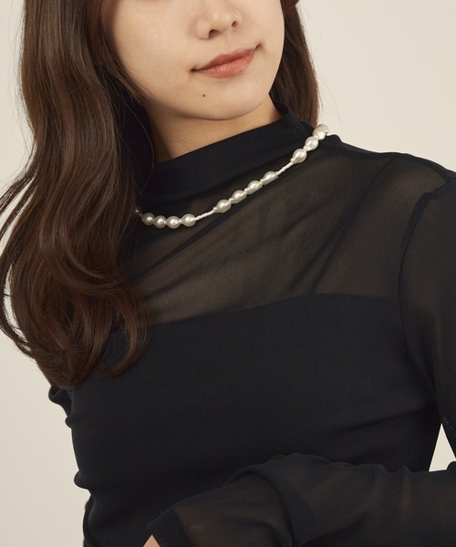 H.TOKYO NUIT(エイチトウキョウニュイ)の「ハイネックシアー切替プルオーバー / ドッキングシアートップス(Tシャツ/カットソー・レディース・ブラック/ホワイト・FREE)」の19枚目の写真