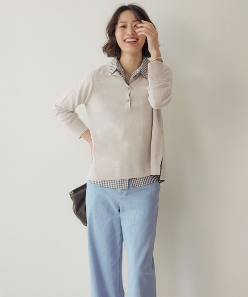 J.PRESS Ladies(J.プレス レディス)の「リネンコットンコード ポロ ニット(ニット/セーター・レディース・スカイブルー系/ベージュ系/ネイビー系・SMALL)」の5枚目の写真