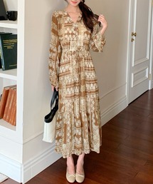 HYSSHOP（エイチワイエスショップ）の「【大人っぽ透け感シフォン生地】長袖 クラシカル レトロ 花柄 ジョーゼット ティアードワンピース レディース（ワンピース）」