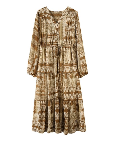 DAY CLOSET(デイ クローゼット)の「【大人っぽ透け感シフォン生地】長袖 クラシカル レトロ 花柄 ジョーゼット ティアードワンピース レディース(ワンピース・レディース・ブラック/ブラウン・FREE)」の10枚目の写真