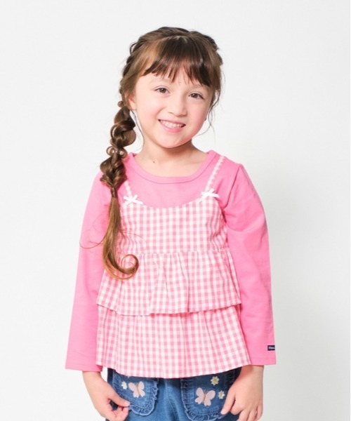 Moujonjon（ムージョンジョン）の「ギンガムチェック柄キャミ付長袖Tシャツ（Tシャツ/カットソー・キッズ・チェリーピンク/ホワイト・130/120/110/100/90/80）」の2枚目の写真