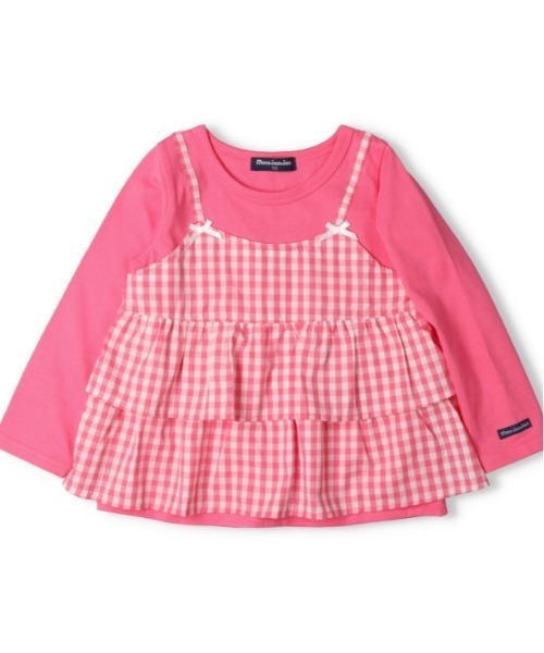 Moujonjon（ムージョンジョン）の「ギンガムチェック柄キャミ付長袖Tシャツ（Tシャツ/カットソー・キッズ・チェリーピンク/ホワイト・130/120/110/100/90/80）」の3枚目の写真