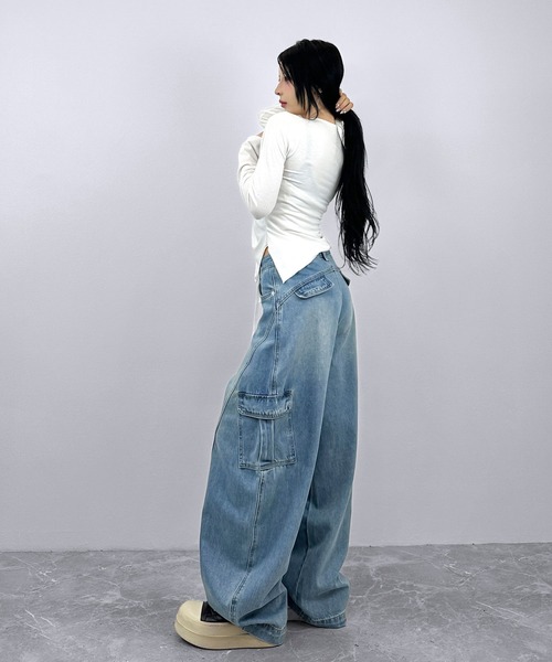 FOLLOWIN（フォロウィン）の「【3color】ヴィンテージライク カーゴカーブワイドデニムパンツ（カーゴパンツ・レディース・ホワイト/ライトブルー/カーキ・SMALL/MEDIUM/LARGE）」の15枚目の写真