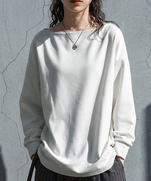 antiqua(アンティカ)の「長袖 ボートネック トップス(Tシャツ/カットソー・レディース・杢グレー/ダークグレー/ブラック/ホワイト・P/R)」の2枚目の写真