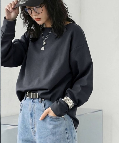 antiqua(アンティカ)の「長袖 ボートネック トップス(Tシャツ/カットソー・レディース・杢グレー/ダークグレー/ブラック/ホワイト・P/R)」の3枚目の写真