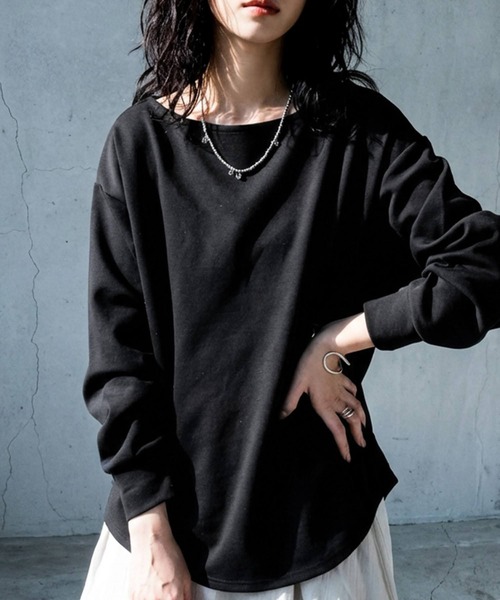 antiqua(アンティカ)の「長袖 ボートネック トップス(Tシャツ/カットソー・レディース・杢グレー/ダークグレー/ブラック/ホワイト・P/R)」の1枚目の写真