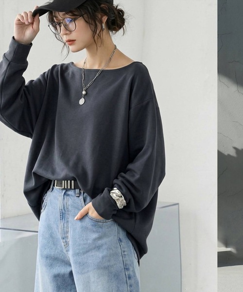 antiqua(アンティカ)の「長袖 ボートネック トップス(Tシャツ/カットソー・レディース・杢グレー/ダークグレー/ブラック/ホワイト・P/R)」の19枚目の写真