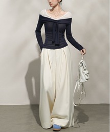 オフショルダートップス メッシュ素材 長袖 フェミニン カジュアル