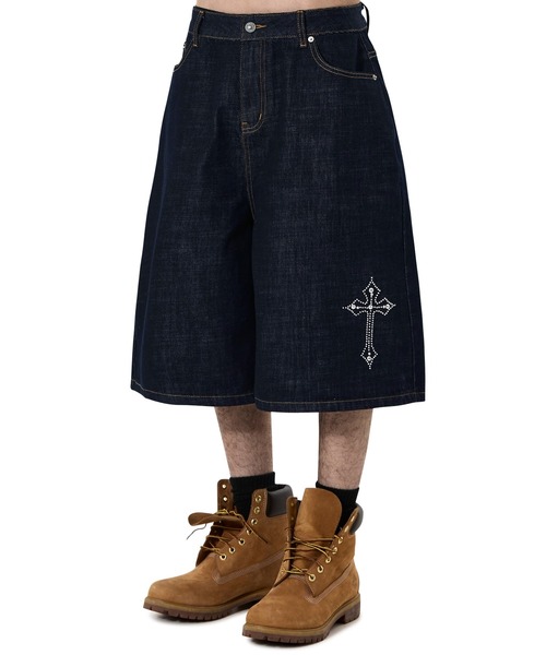 OY（オーワイ）の「『OY/オーワイ』STUD CROSS WIDE SHORTS /スタッズクロスワイドショートパンツ（デニムパンツ・メンズ・インディゴブルー・L/M/S）」の3枚目の写真