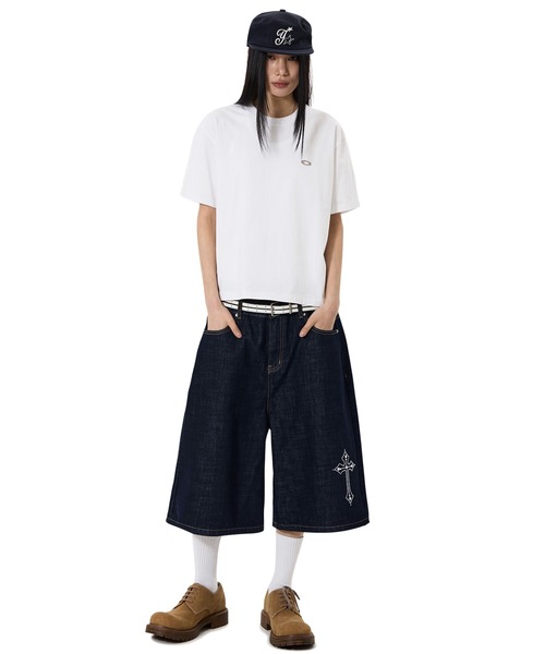 OY（オーワイ）の「『OY/オーワイ』STUD CROSS WIDE SHORTS /スタッズクロスワイドショートパンツ（デニムパンツ・メンズ・インディゴブルー・L/M/S）」の6枚目の写真