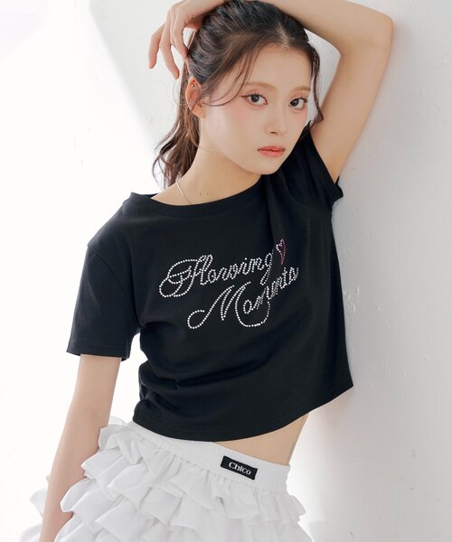 Chico(チコ)の「ラインストーンロゴチビT(Tシャツ/カットソー・レディース・ピンク/ホワイト系その他2/ブラック/ホワイト・FREE)」の2枚目の写真