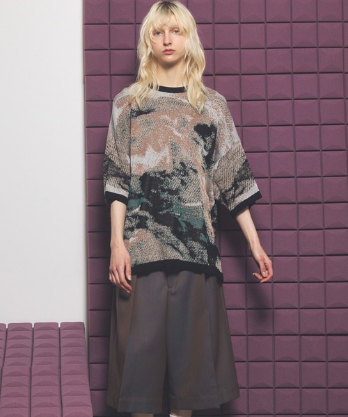 MAISON SPECIAL(メゾンスペシャル)の「《UNISEX》Abstract Jacquard Prime-Over Knit T-shirt/アブストラクトジャガードプライムオーバーニットTシャツ【MAISON SPECIAL/メゾンスペシャル】(Tシャツ/カットソー・メンズ・ブルー/ブラック/ベージュ・0/1/2)」の5枚目の写真