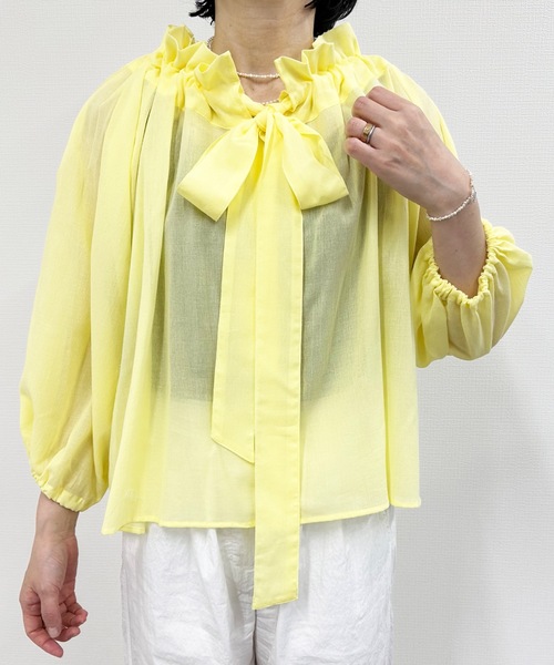 vent blanc（ヴァンブラン）の「denicher デニシェ　cotton boil parisienne blouse　キャンディネックブラウス（シャツ/ブラウス・レディース・ホワイト/ネイビー/ピンク/イエロー・FREE）」の3枚目の写真